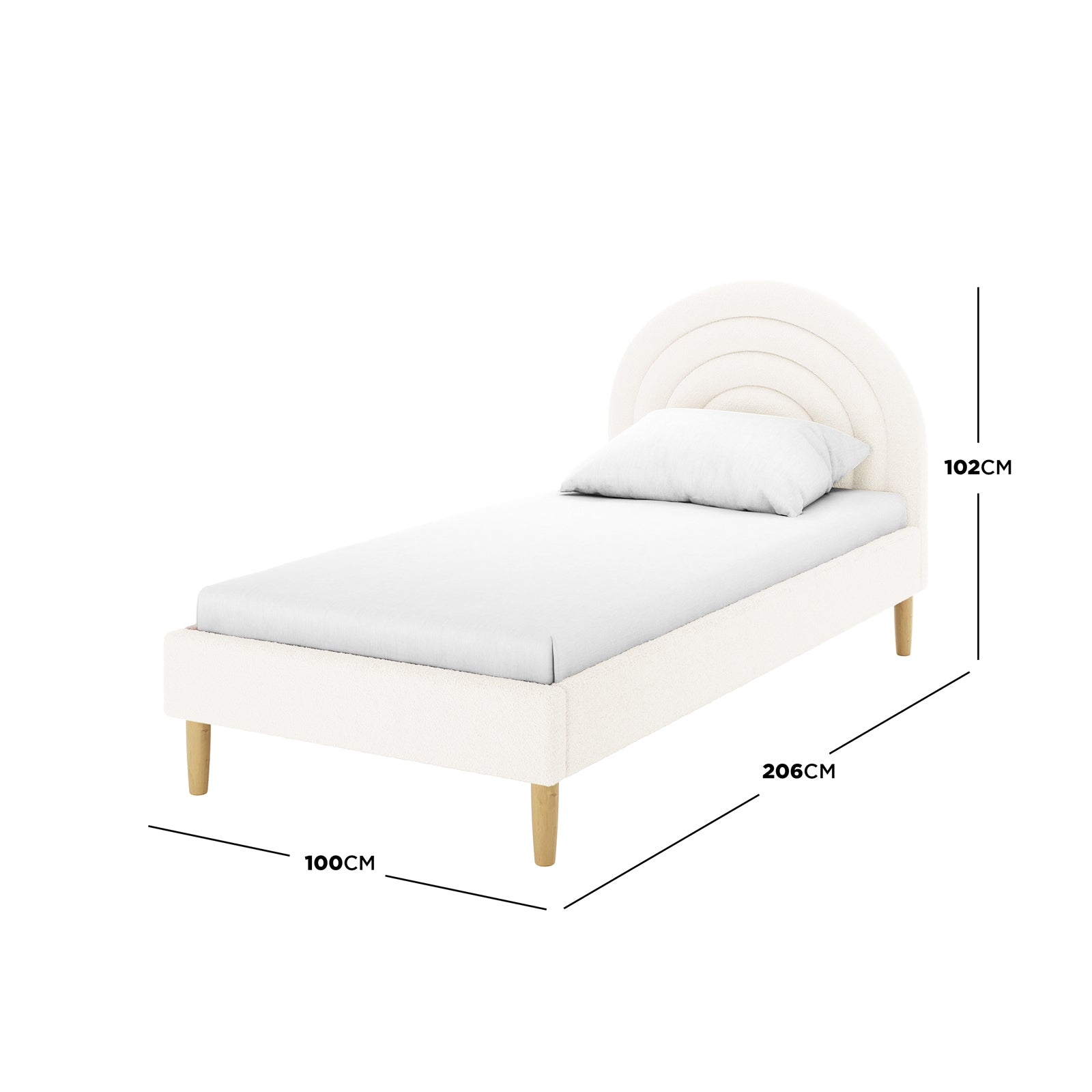 Estilla Single Rainbow Boucle Bed Frame in Cream White, featuring a half-circle headboard, soft boucle upholstery, four light wood legs, and dimensions of 206 x 100 x 102 cm.