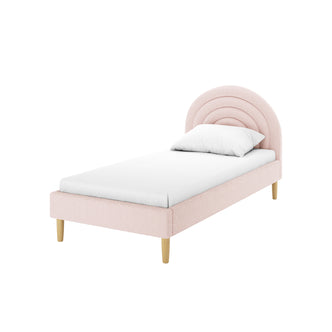 Estilla Single Rainbow Boucle Bed Frame in Ice Blue featuring a light pink upholstered frame, arched headboard, and white mattress on light wood legs, highlighting its blend of style and comfort.