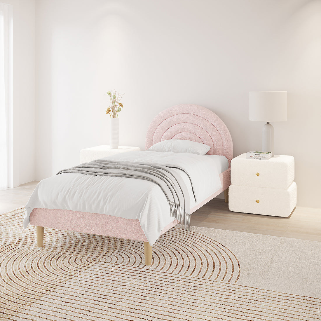 Estilla Single Rainbow Boucle Bed Frame in Ice Blue features a plush, semi-circular headboard, white bedding, and a light gray throw, positioned in a minimalist bedroom with coordinating furniture.