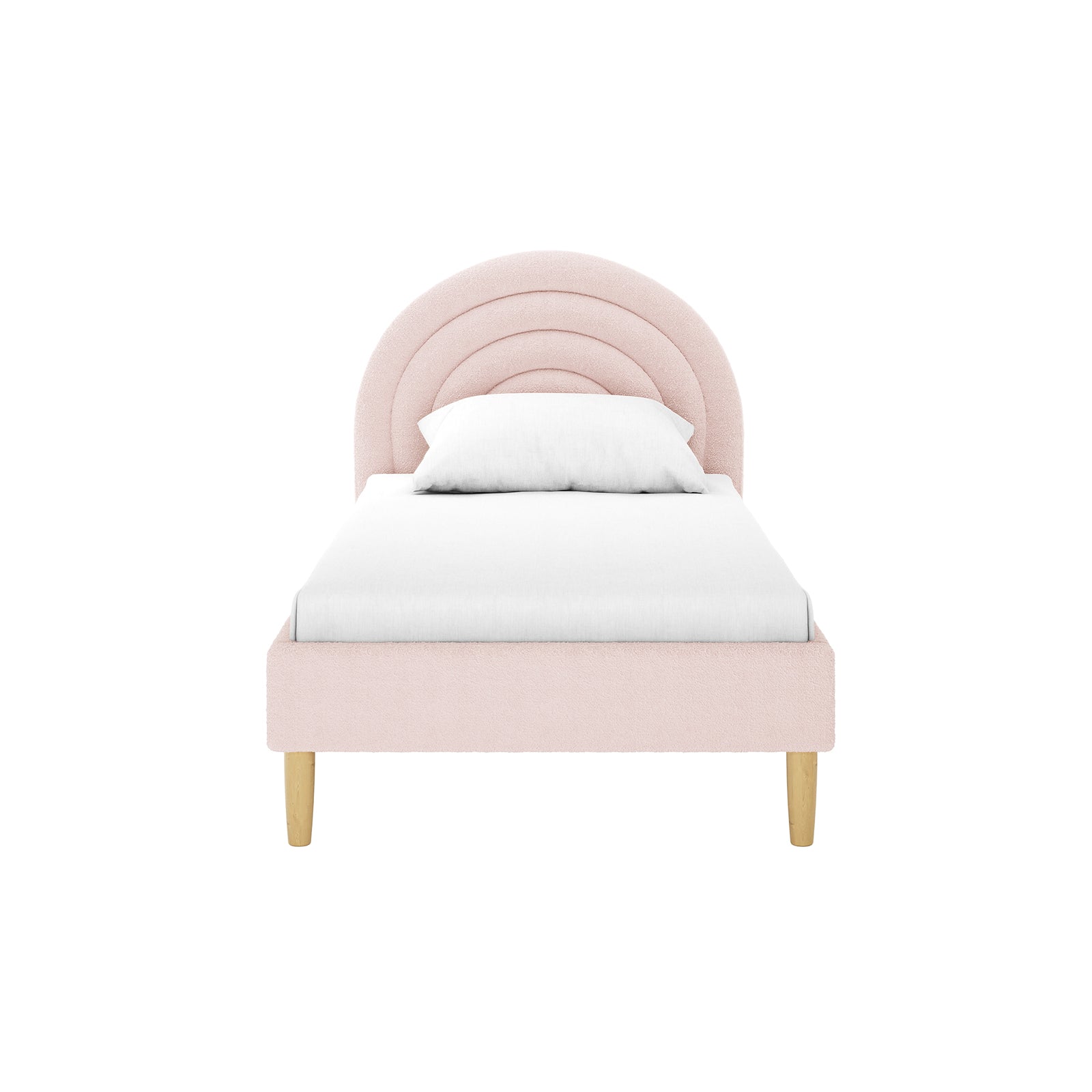 Estilla Single Rainbow Boucle Bed Frame features a rounded headboard with three arches, upholstered in boucle fabric, mounted on tapered wood legs, and dressed in a plain white sheet and pillow.