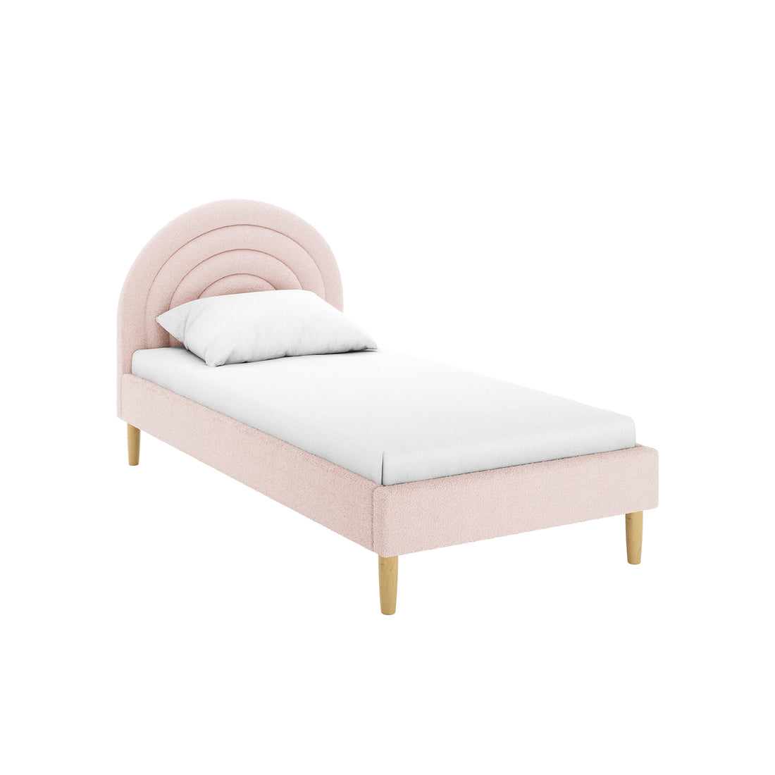 Estilla Single Rainbow Boucle Bed Frame features a softly upholstered frame with a rounded, rainbow-shaped headboard, sitting on tapered wooden legs. Dressed in white bedding, it combines style and comfort.