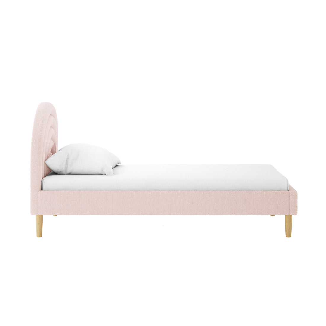 Estilla Single Rainbow Boucle Bed Frame in Ice Blue features a gently curved, channel-tufted headboard, pale pink boucle-style upholstery, and natural wood legs, enhancing bedroom charm and comfort.