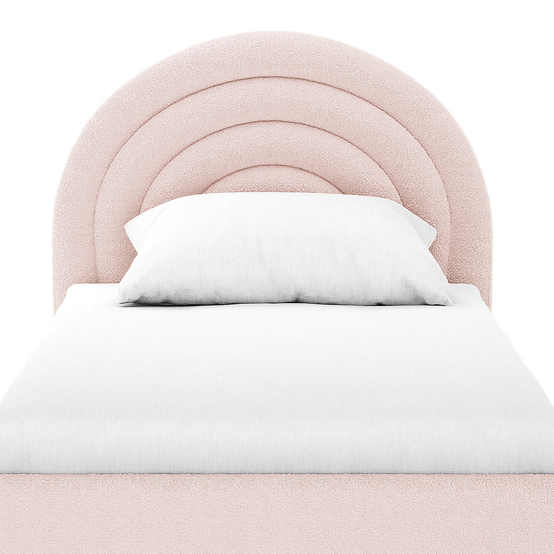 Estilla Single Rainbow Boucle Bed Frame in Ice Blue with a playful, padded arch-shaped headboard, upholstered in soft boucle fabric. The bed is shown with white sheets and pillow.