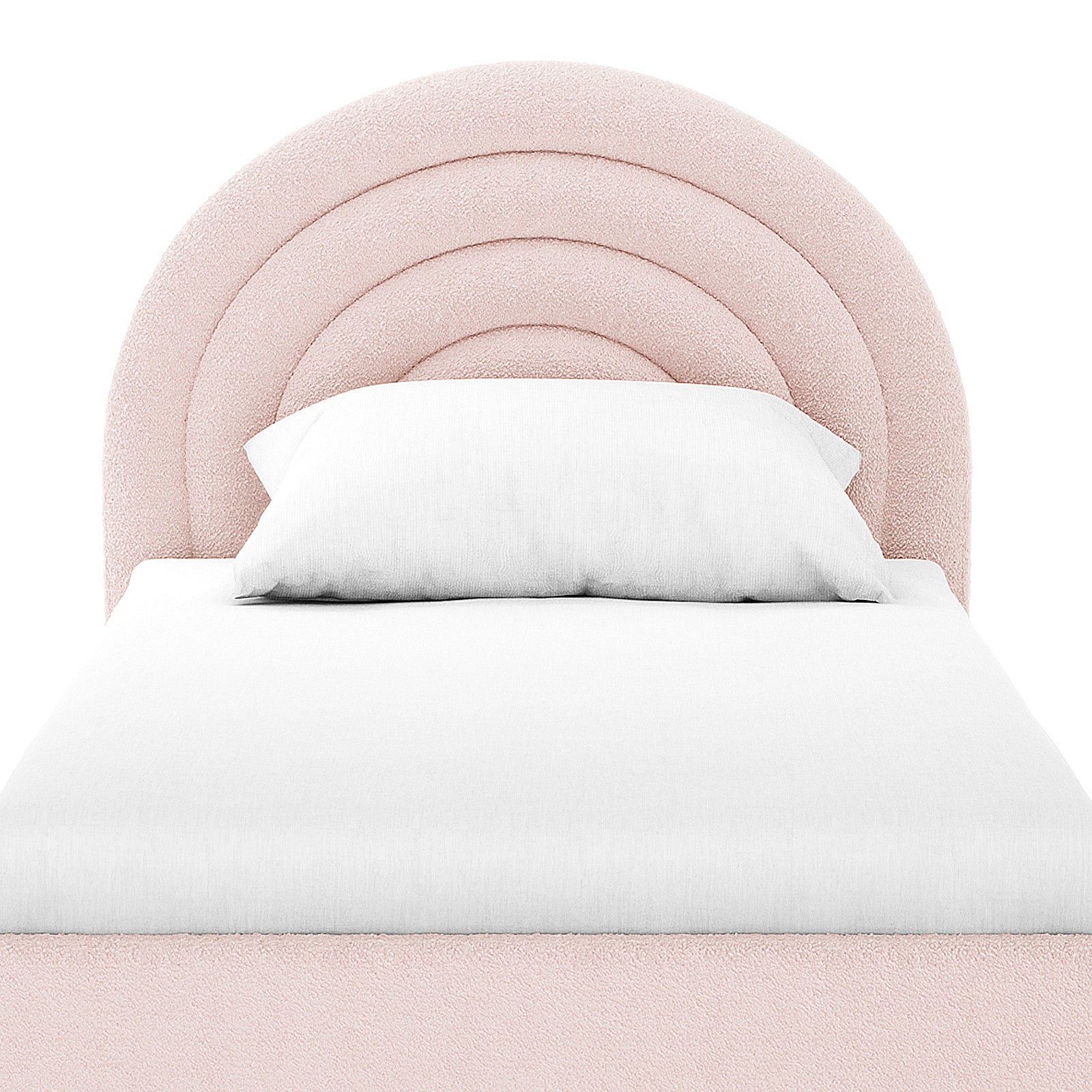 Estilla Single Rainbow Boucle Bed Frame in Ice Blue with a playful, padded arch-shaped headboard, upholstered in soft boucle fabric. The bed is shown with white sheets and pillow.