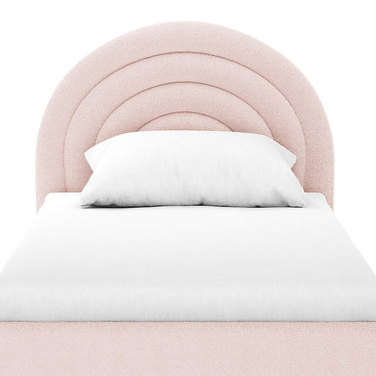 Estilla Single Rainbow Boucle Bed Frame in Ice Blue with a playful, padded arch-shaped headboard, upholstered in soft boucle fabric. The bed is shown with white sheets and pillow.