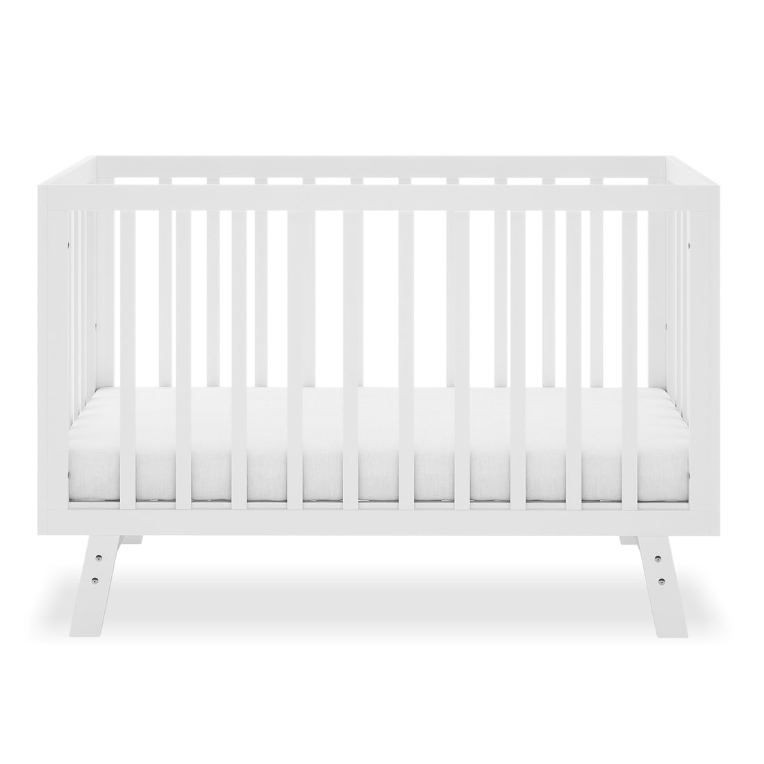 Eudora Classic Solid Pine Adjustable Nursery Cot – White, featuring a modern design with slatted sides and thin mattress, crafted for safety and longevity in a baby's nursery.
