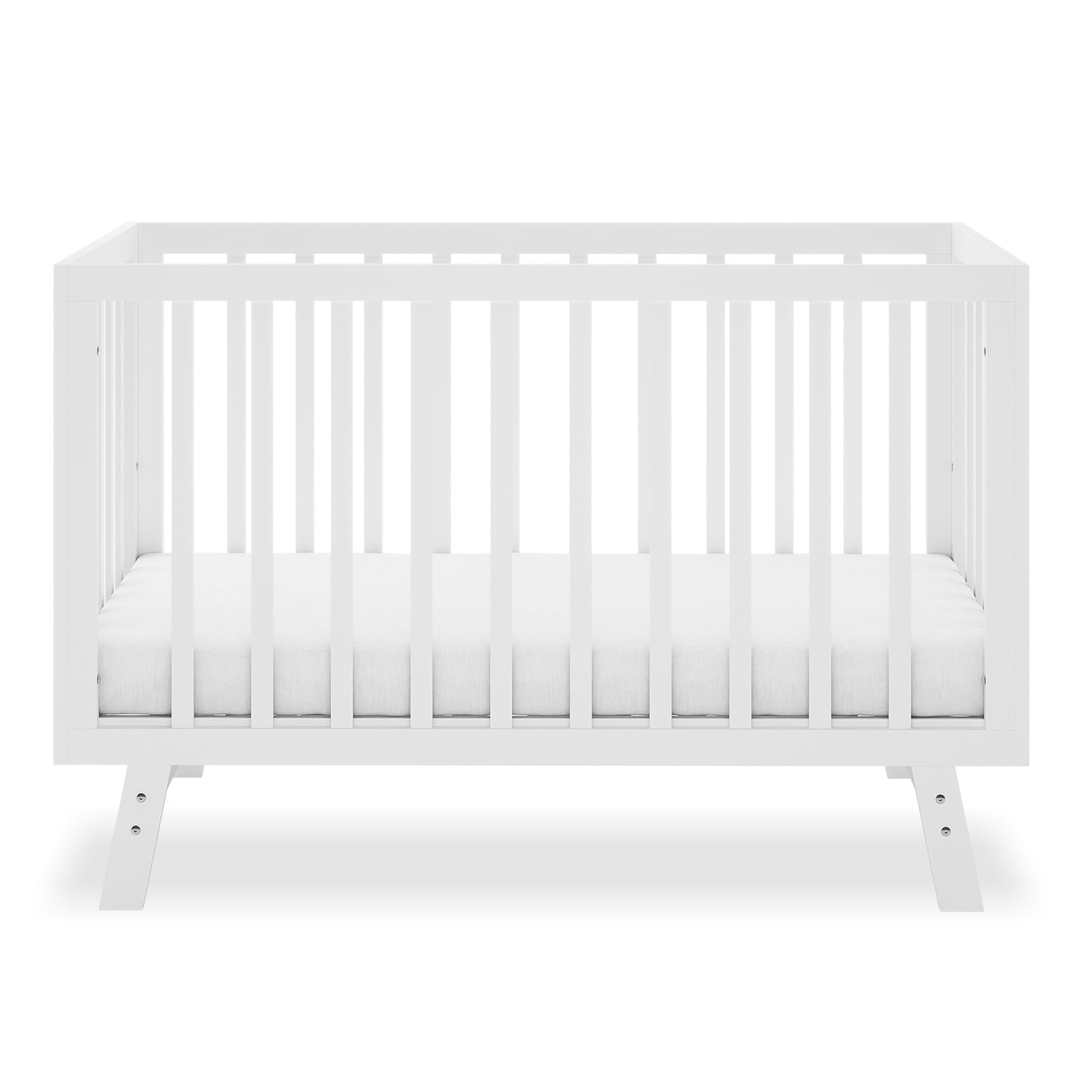 Eudora Classic Solid Pine Adjustable Nursery Cot – White, featuring a modern design with slatted sides and thin mattress, crafted for safety and longevity in a baby's nursery.