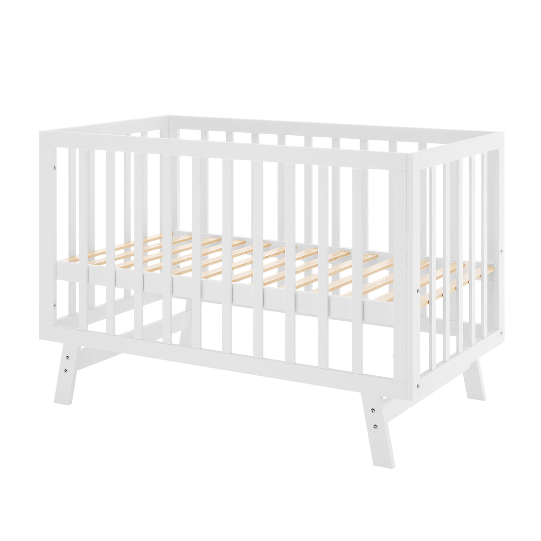 Eudora Classic Solid Pine Adjustable Nursery Cot – White, featuring a modern design with vertical slats, a slatted wood mattress platform, and four angled legs, crafted for safety and longevity.