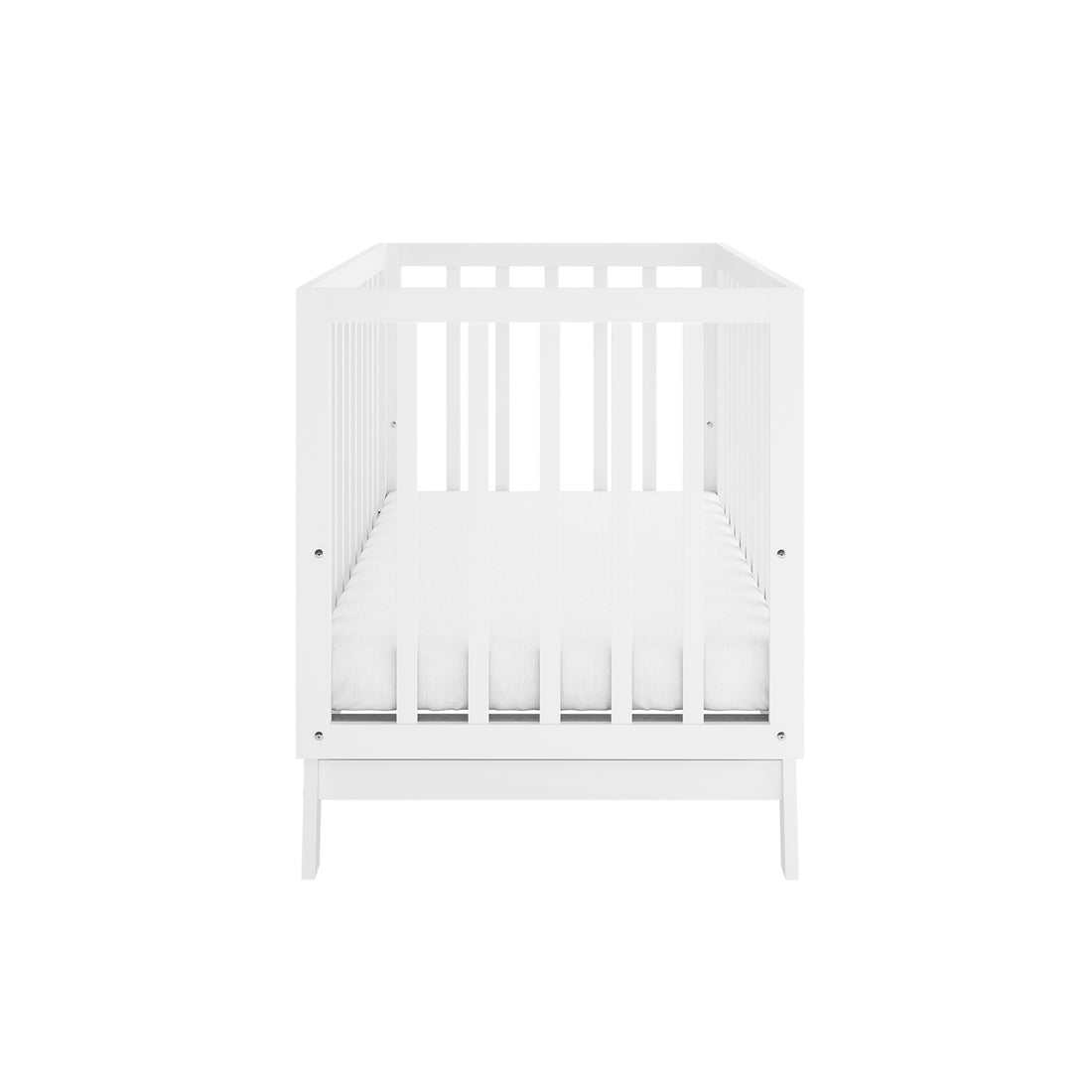 Eudora Classic Solid Pine Adjustable Nursery Cot – White, featuring a front view of a white wooden crib with slatted sides and fitted mattress, showcasing its sturdy pine construction and adjustable mattress base.