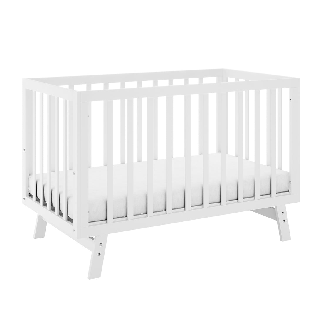 Eudora Classic Solid Pine Adjustable Nursery Cot – White, showcasing a modern white wooden baby crib with slatted sides and a fitted mattress, highlighting its simple design and robust pine construction.