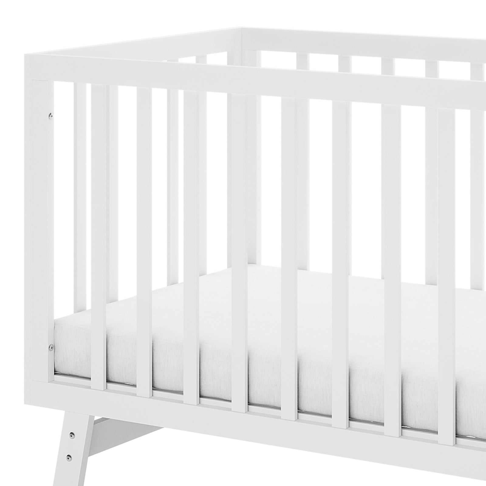 Eudora Classic Solid Pine Adjustable Nursery Cot – White, features a simple white wooden frame with vertical slats and a thin mattress, showcasing its timeless design and sturdy construction.