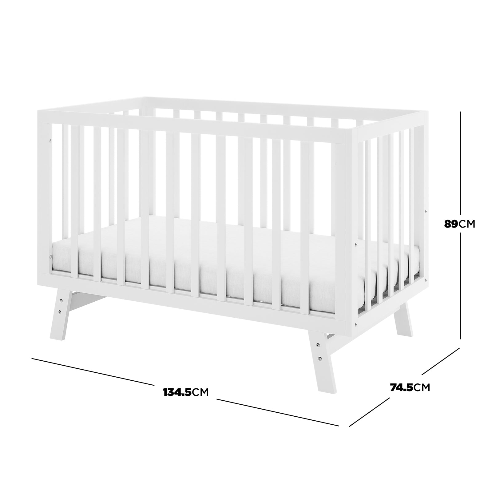 Eudora Classic Solid Pine Adjustable Nursery Cot – White, featuring a modern design with short angled legs, thin mattress, and dimension lines showing 134.5cm length, 74.5cm width, 89cm height.