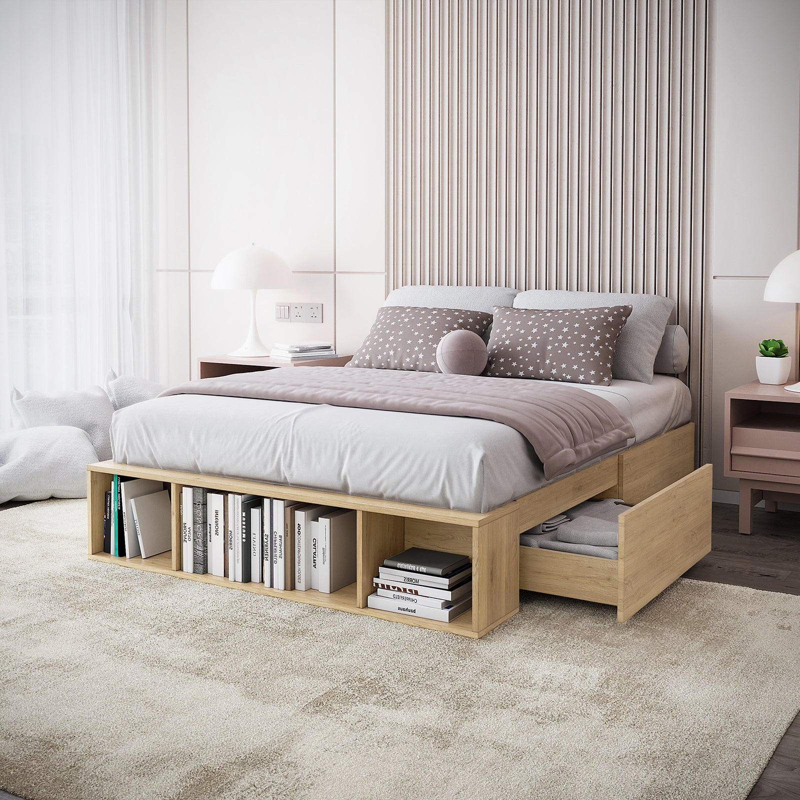 Eulalia Double Storage Platform Bed Base with Drawer in Oak features built-in storage with open cubby shelves and side drawers. It includes gray sheets, star-patterned pillows, and a mauve throw blanket.