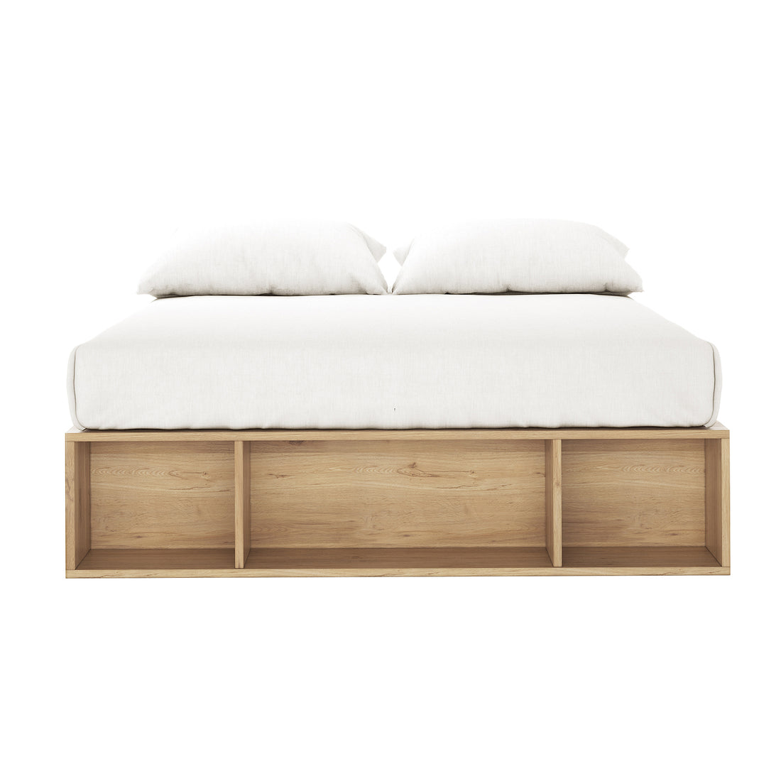 Eulalia Double Storage Platform Bed Base with Drawer in Oak features a minimalist design with a light-wood base and three open storage cubbies at the footboard, topped with a white mattress and pillows.