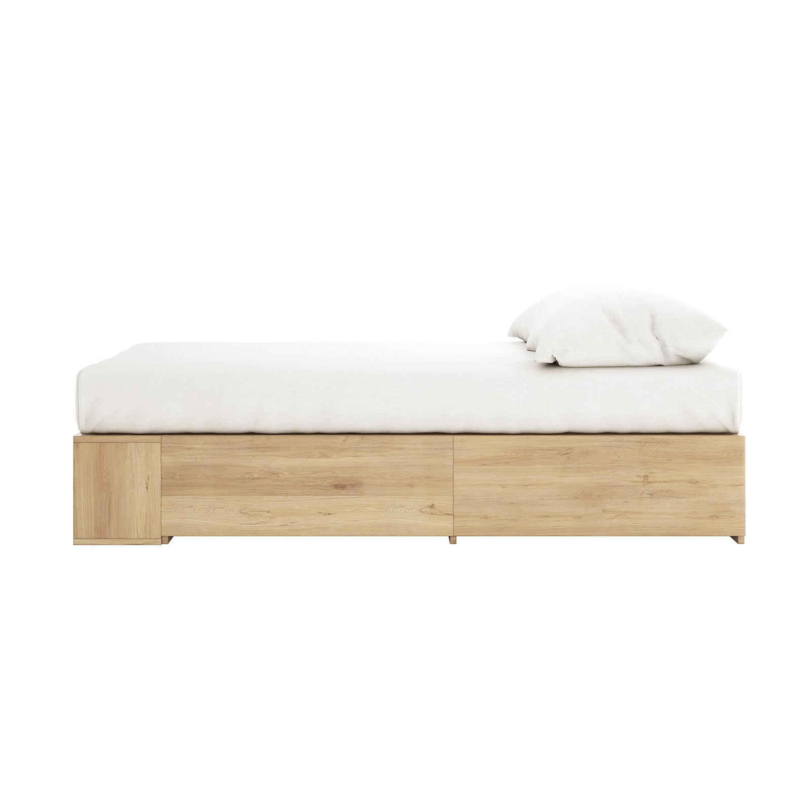 Eulalia Double Storage Platform Bed Base with Drawer in Oak features a minimalist design, light wood frame, white mattress, and built-in side drawers, perfect for optimizing bedroom storage and style.