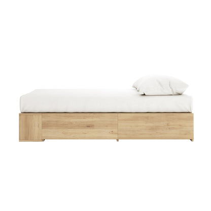 Eulalia Double Storage Platform Bed Base with Drawer in Oak features a minimalist design, light wood frame, white mattress, and built-in side drawers, perfect for optimizing bedroom storage and style.