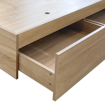 Eulalia Double Storage Platform Bed Base with Drawer in Oak, showcasing a light-oak-finished drawer front and sides, circular cable-management hole, highlighting practical storage within a stylish furniture piece.
