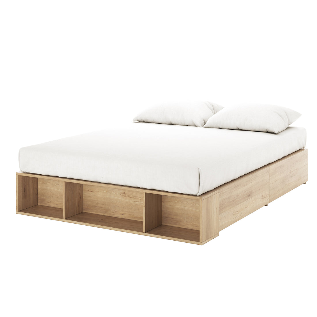 Eulalia Queen Storage Platform Bed Base with Drawer in Oak, featuring a minimalist design with three open cubby-style compartments at the footboard, topped with a simple white mattress cover and pillows.