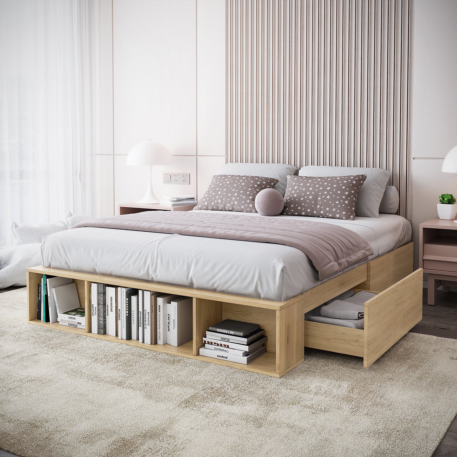 Eulalia Queen Storage Platform Bed Base with Drawer in Oak features a low-profile design with built-in footboard cubbies for books, and a side drawer filled with folded linens, complemented by a vertical slatted headboard.