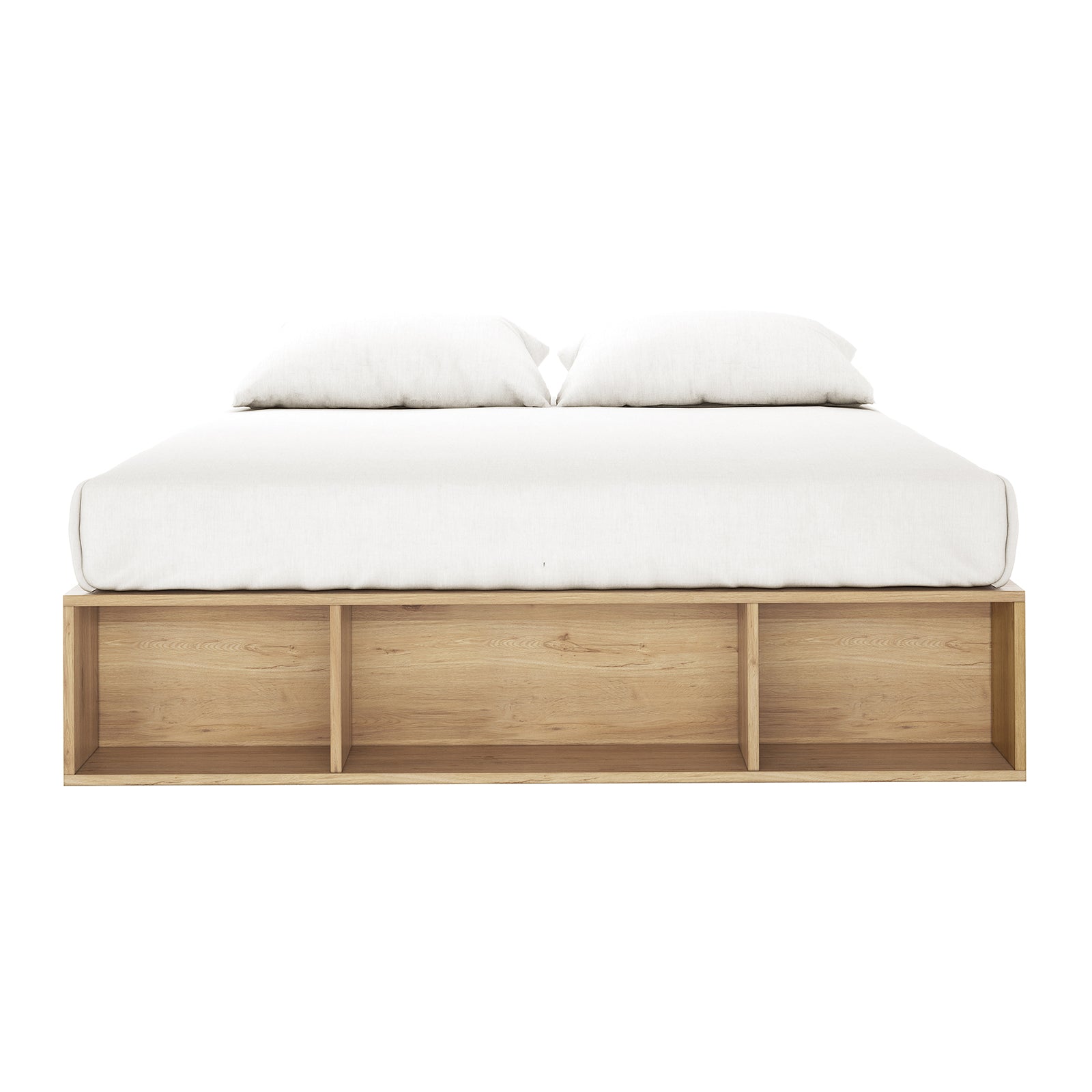 Eulalia Queen Storage Platform Bed Base with Drawer in Oak featuring a light-wood frame, three open cubby shelves at the footboard, topped with a low-profile white mattress and duvet.