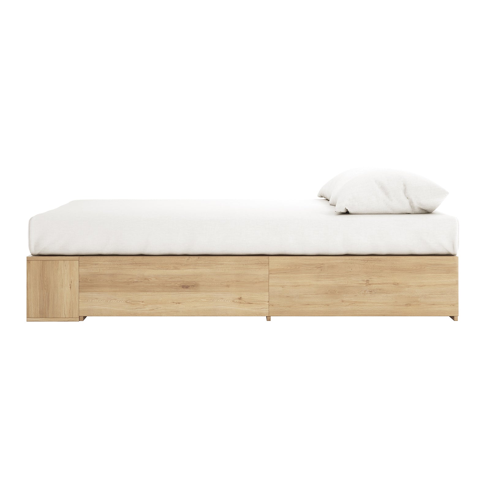 Eulalia Queen Storage Platform Bed Base with Drawer in Oak featuring a minimalist design with a light oak-tone wooden platform and two visible built-in storage drawers, topped with a plain white mattress and pillow.