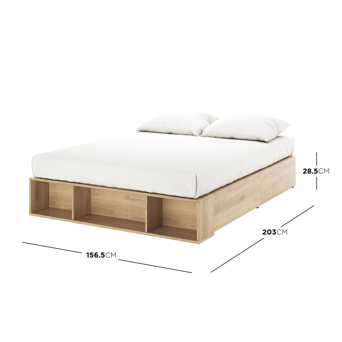 Eulalia Queen Storage Platform Bed Base with Drawer in Oak features a low-profile design, white mattress, two pillows, three open cubby compartments at the foot, and dimension callouts for size reference.