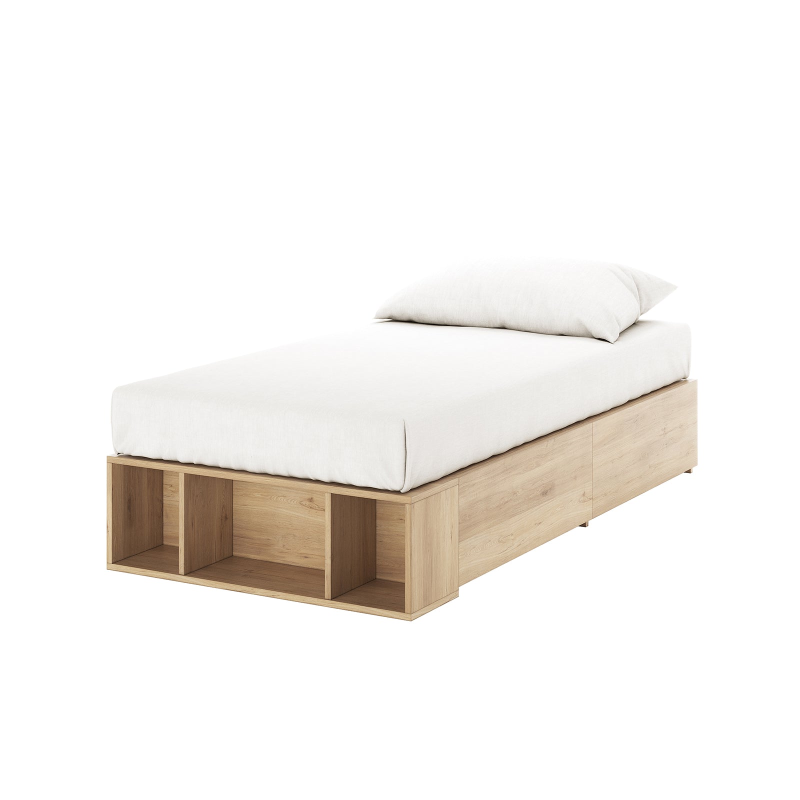 Eulalia Single Storage Platform Bed Base with Drawer in Oak, featuring a low-profile design with three open cubbyholes and side compartments for storage, topped with a white mattress and pillow.