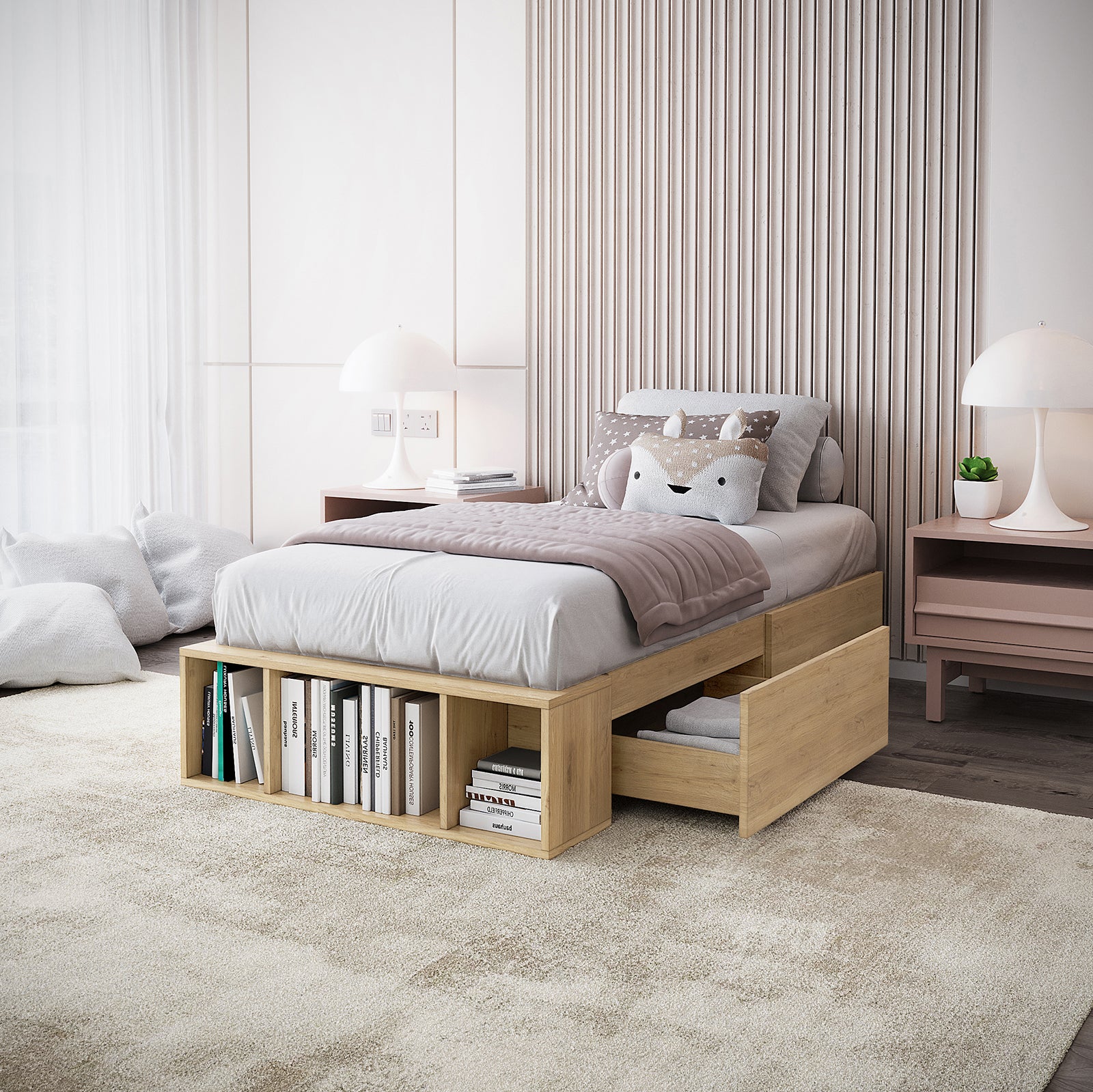 Eulalia Single Storage Platform Bed Base with Drawer in Oak, featuring open cubby shelving at footboard, a half-open under-bed drawer with linens, and a light wood frame in a minimalist bedroom.