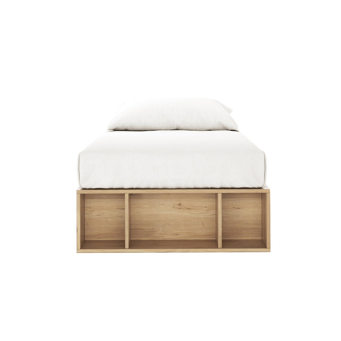 Eulalia Single Storage Platform Bed Base with Drawer in Oak features a white mattress on a light-wood frame with three open storage bays at the foot, ideal for compact bedrooms.