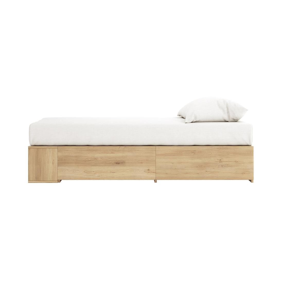 Eulalia Single Storage Platform Bed Base with Drawer in Oak features a minimalist light oak frame, white mattress, and pillow. Integrated storage includes two drawers and open compartments at the foot.