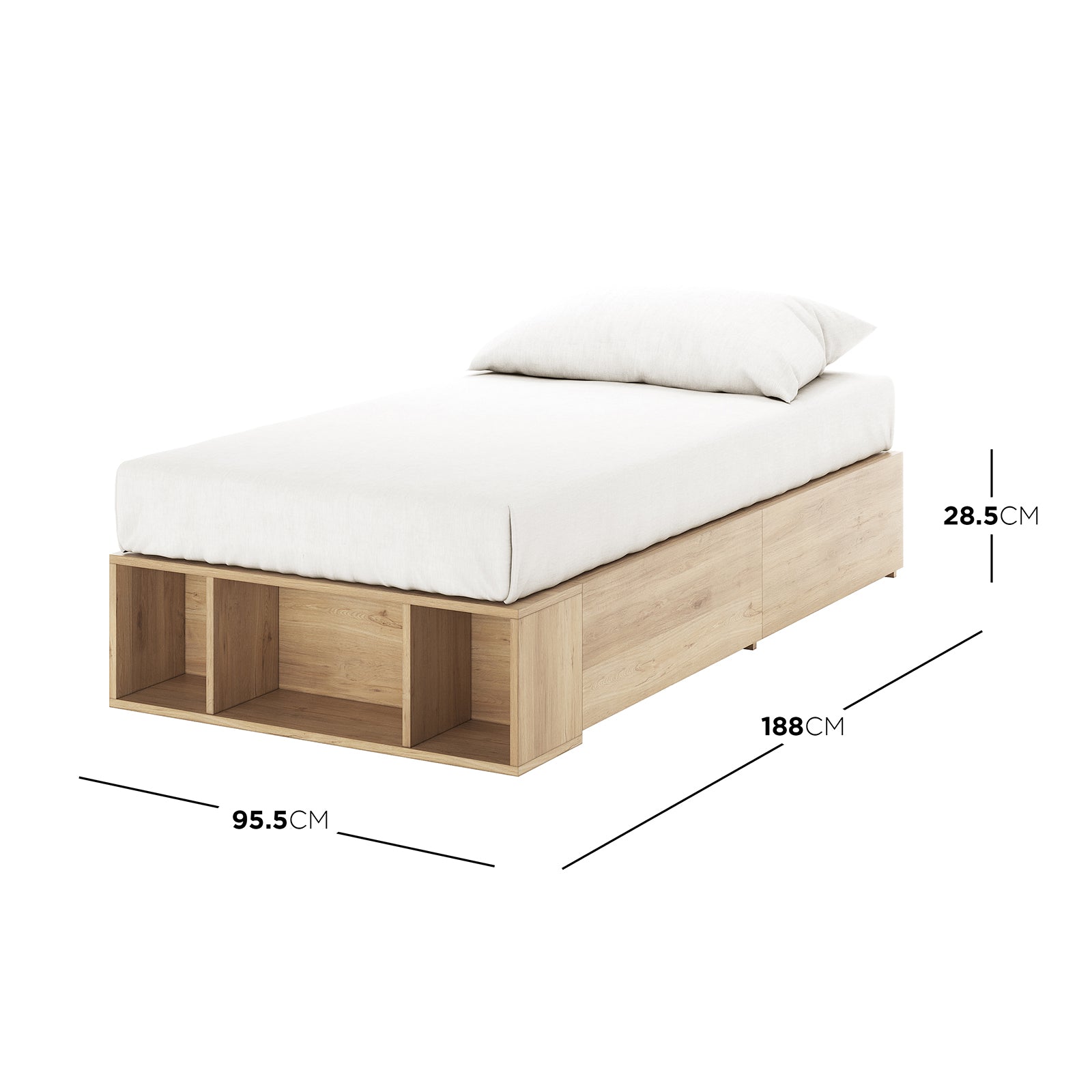 Eulalia Single Storage Platform Bed Base with Drawer in Oak featuring a light oak finish, three open cubby compartments at bed's foot, and two large side pull-out drawers, topped with a white linen mattress.
