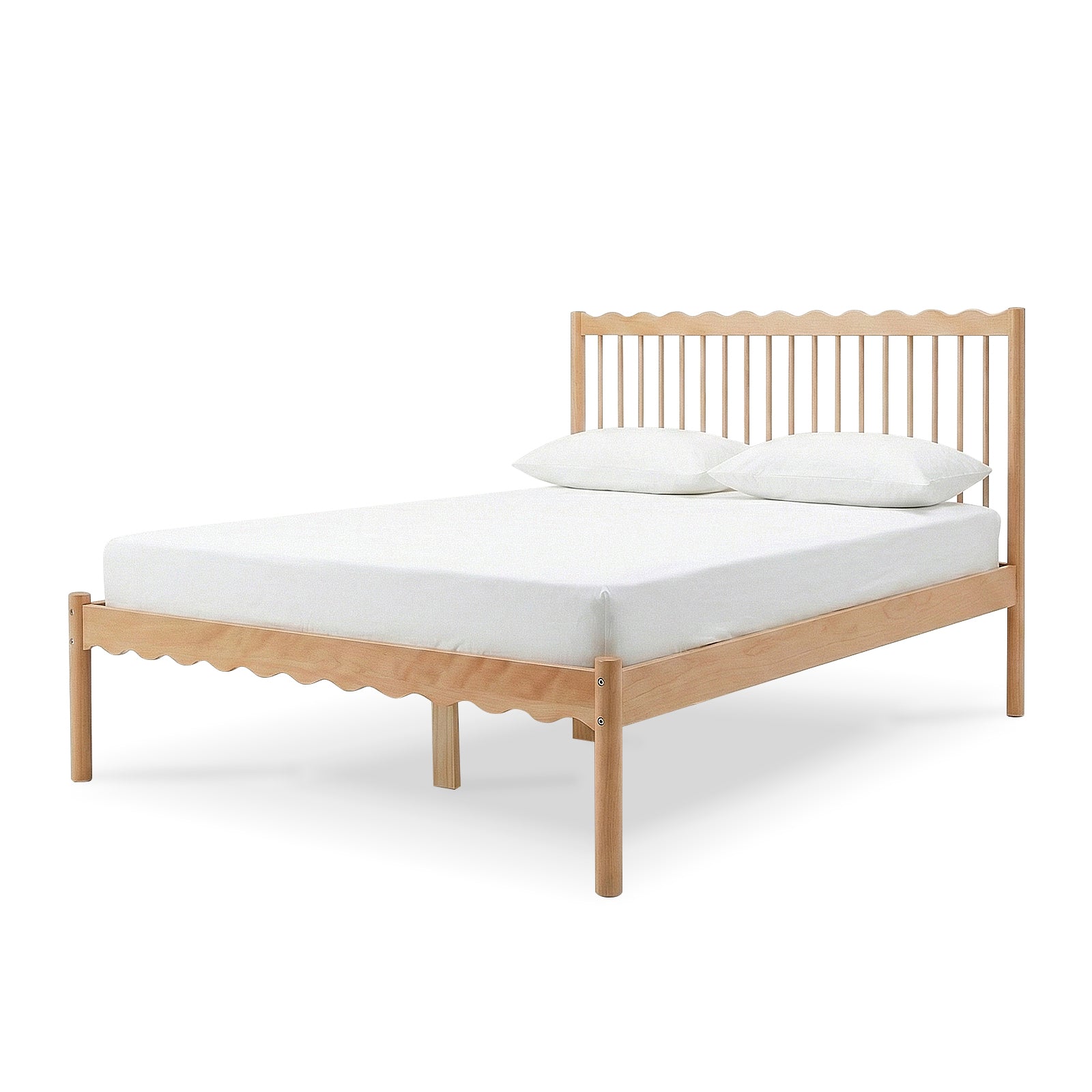 Minimalist wooden bed frame with mattress and two pillows on a white background