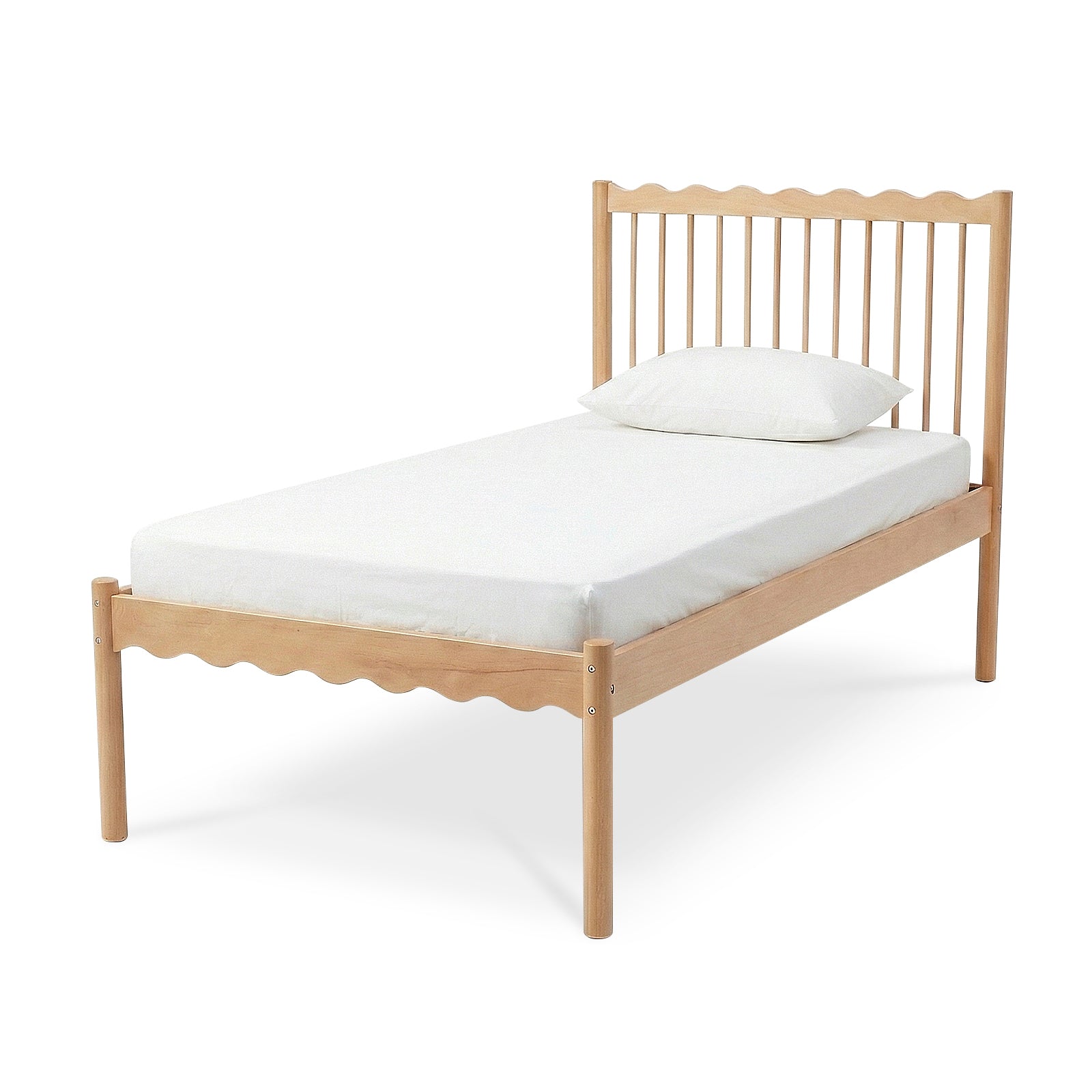 Light wood single bed frame with slatted headboard and wavy top edge on white background