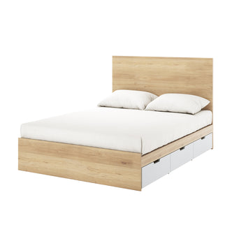 Fabiola Queen Storage Bed Base with Drawers in White & Oak, featuring a simple platform design with light oak finish, flat headboard, and three white-front drawers integrated into the side for storage.
