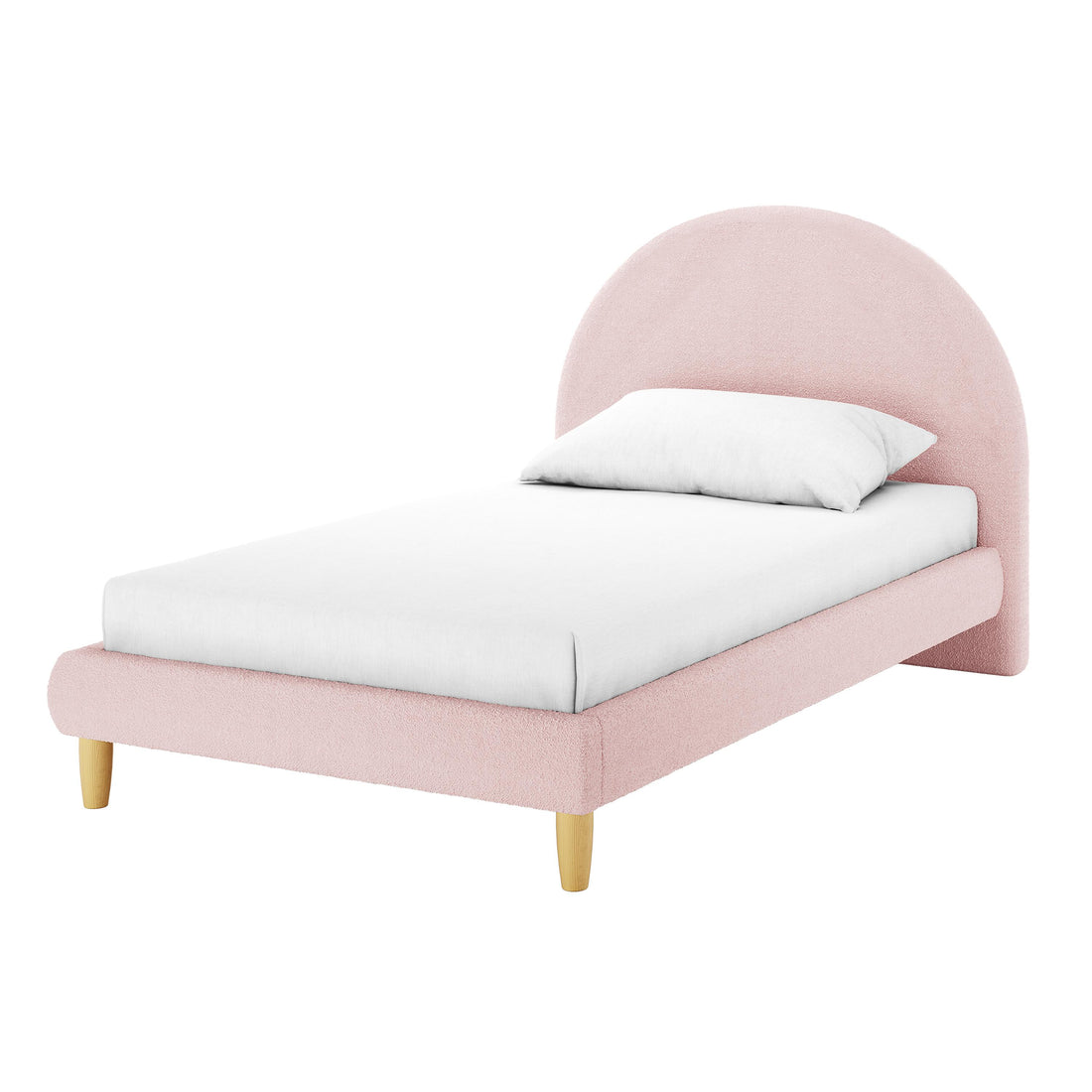 Fausta King Single Arched Bouclé Bed Frame in Light Pink, featuring a blush-pink upholstered frame, arched headboard, white mattress, and pillow, with light wood legs for a cozy, stylish bedroom retreat.