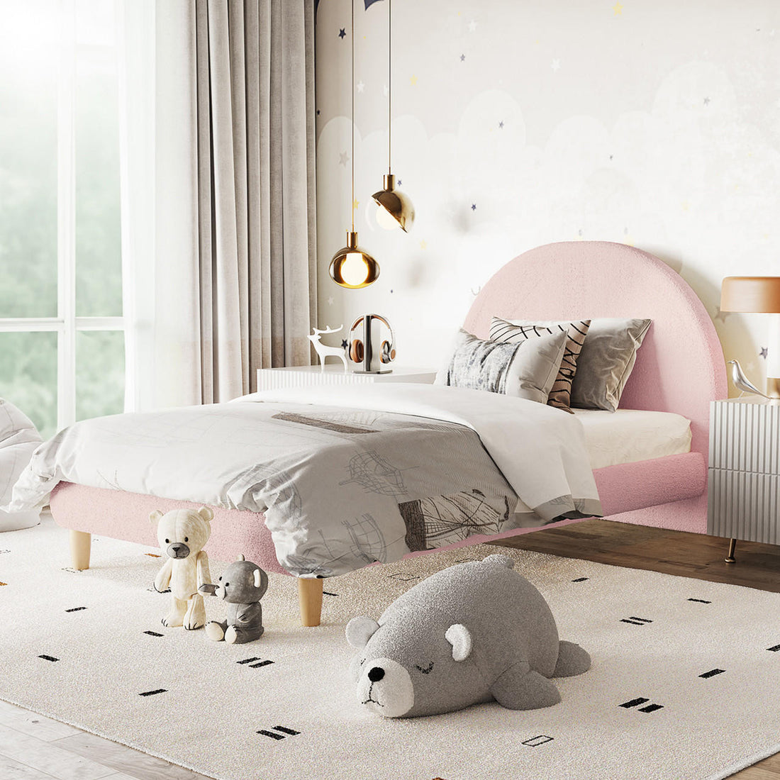 Fausta King Single Arched Boucle Bed Frame in Light Pink, featuring a curved headboard, white-gray bedding, and plush decor, framed by sheer curtains and star-dotted wallpaper, creating a serene children's bedroom retreat.