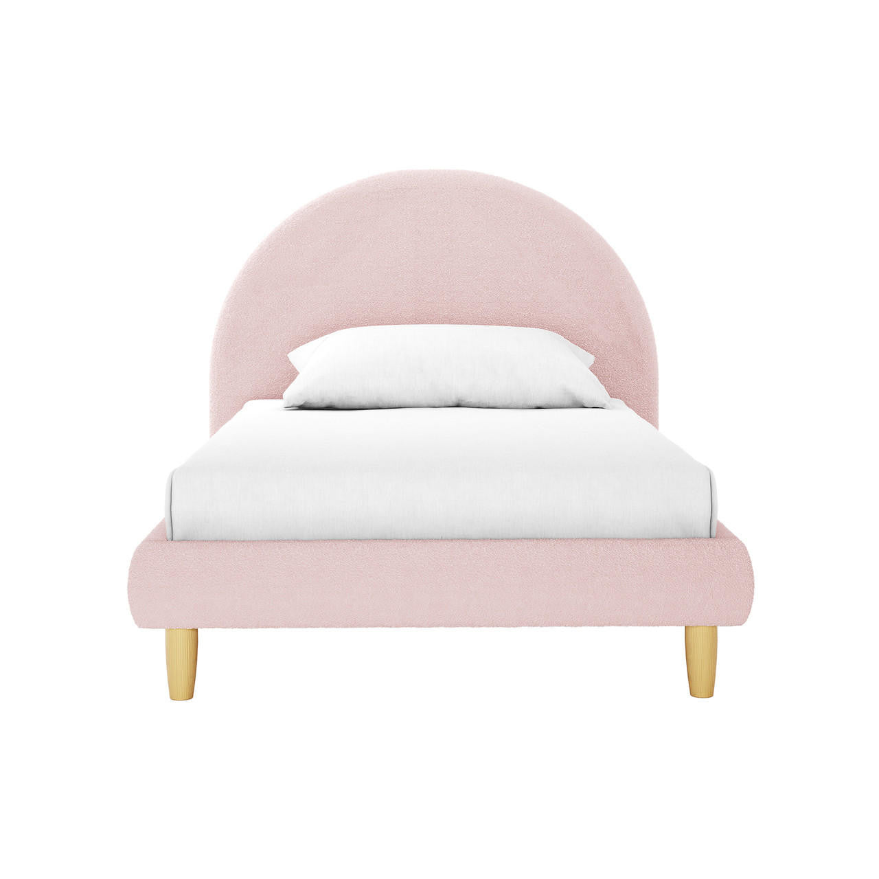 Fausta King Single Arched Bouclé Bed Frame in Light Pink features a soft pink upholstered arch-style headboard, white mattress, and four light-wooden legs, offering a luxurious and cozy bedroom centerpiece.