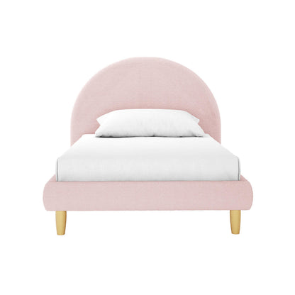 Fausta King Single Arched Bouclé Bed Frame in Light Pink features a soft pink upholstered arch-style headboard, white mattress, and four light-wooden legs, offering a luxurious and cozy bedroom centerpiece.
