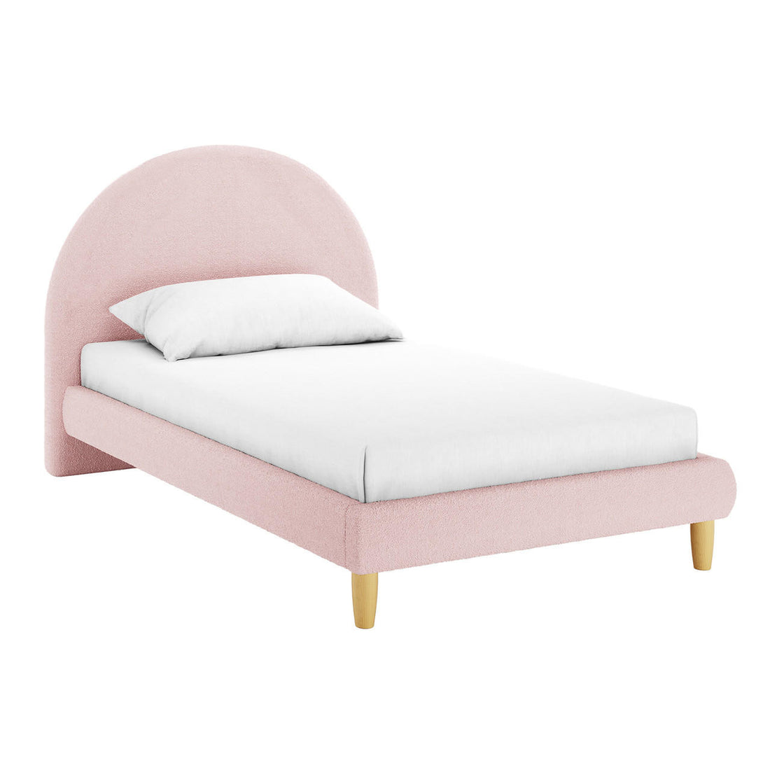 Fausta King Single Arched Boucle Bed Frame in Light Pink features a curved, padded headboard and short wooden legs, upholstered in soft blush-pink fabric with a white mattress and pillow.