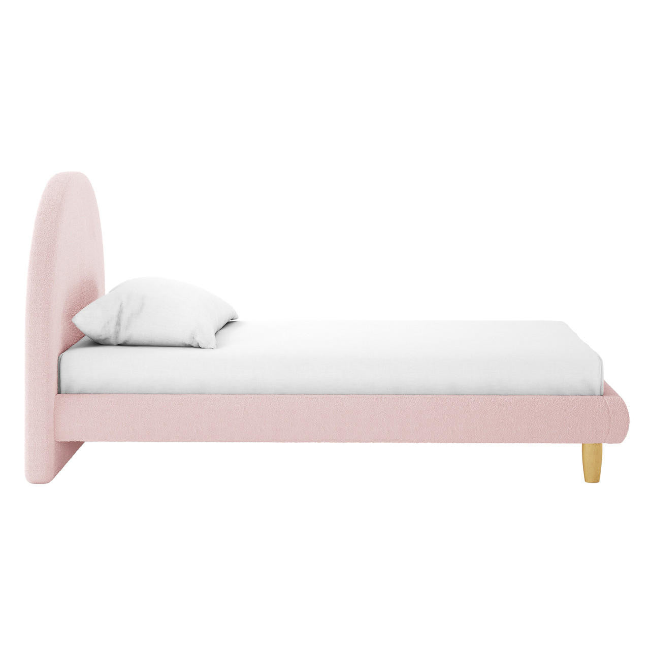 Fausta King Single Arched Bouclé Bed Frame in Light Pink, featuring a retro semi-circle headboard, soft pink upholstery, white mattress sheet, single pillow, and short wooden legs, showcasing luxury and comfort.