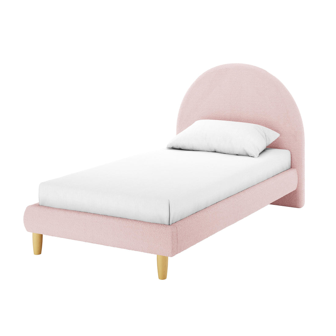 Fausta Single Arched Bouclé Bed Frame in Light Pink features a pale-pink upholstered frame with an arched headboard, white bedding, and stands on light-wood legs, offering a sophisticated, cozy ambiance.