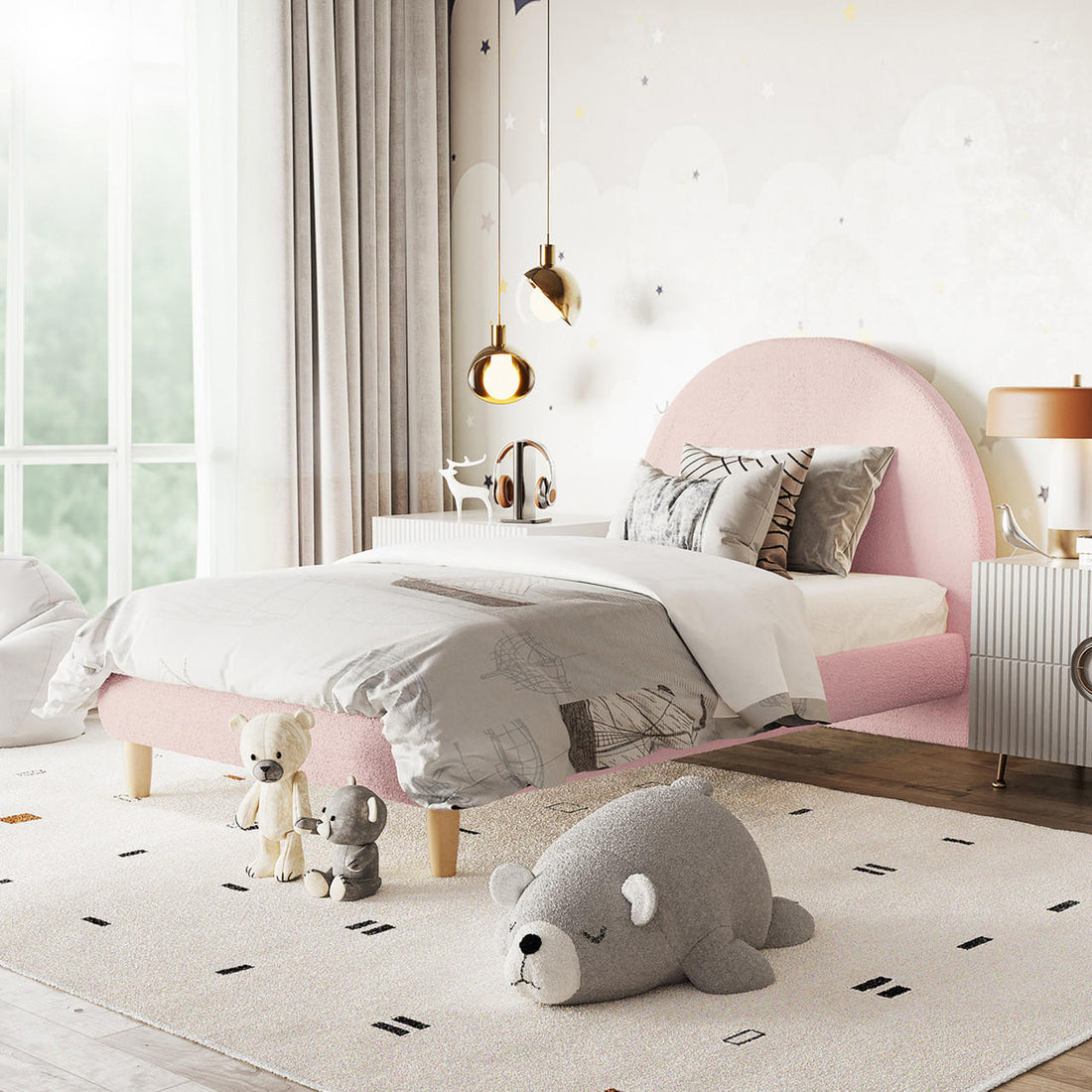 Fausta Single Arched Boucle Bed Frame in Light Pink with a semi-circle headboard, placed in a softly lit children's room, complemented by white and gray bedding and surrounded by plush toys and decorative accents.