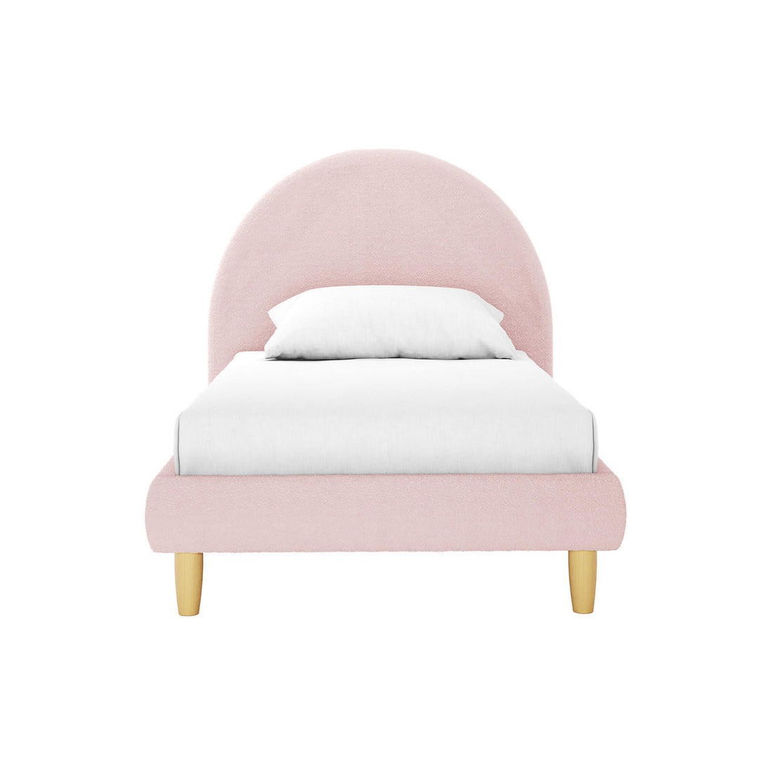 Fausta Single Arched Bouclé Bed Frame in Light Pink features a rounded upholstered headboard and frame on short wooden legs, dressed in white bedding, offering a modern, elegant sleep space.