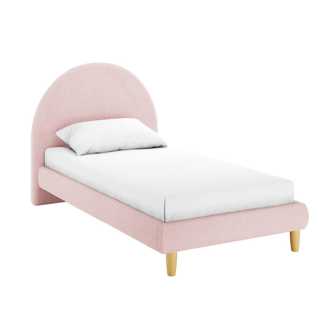 Fausta Single Arched Bouclé Bed Frame in Light Pink featuring a softly curved headboard, upholstered in textured fabric. Supported by short wooden legs, it includes a plain white mattress and pillow.