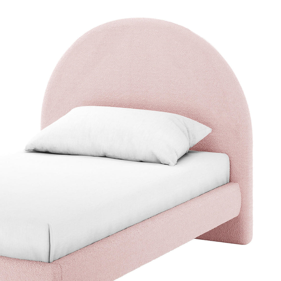 Fausta Single Arched Bouclé Bed Frame in Light Pink featuring a rounded, upholstered headboard and matching frame, made up with a white fitted sheet and single pillow, offering elegance and comfort.