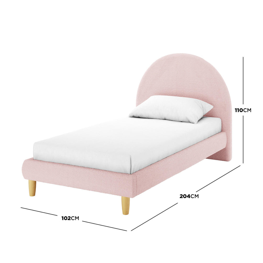 Fausta Single Arched Bouclé Bed Frame in Light Pink features a rounded upholstered headboard and frame, white mattress, and tapered wooden legs, measuring 204cm x 102cm x 110cm.
