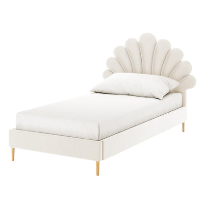 Fayette Kids Single Velvet Fabric Bed Frame in Cream White, featuring a scalloped seashell headboard, low wooden legs, and matching fitted sheet, offering a cosy, enchanting focal point for children's rooms.