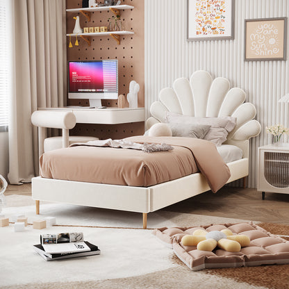 Fayette Kids Single Velvet Fabric Bed Frame in Cream White with a scalloped seashell headboard, blush bedding, and neutral pillows, set in a pastel-themed bedroom with a cozy, whimsical ambiance.