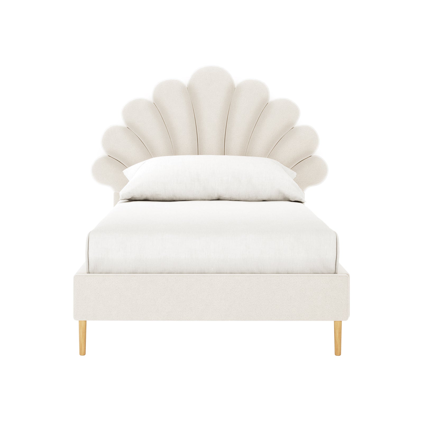 Fayette Kids Single Velvet Fabric Bed Frame in Cream White features a scalloped-fan headboard, simple white bedding, and light wood legs, offering a whimsical, stylish design perfect for a child's bedroom.