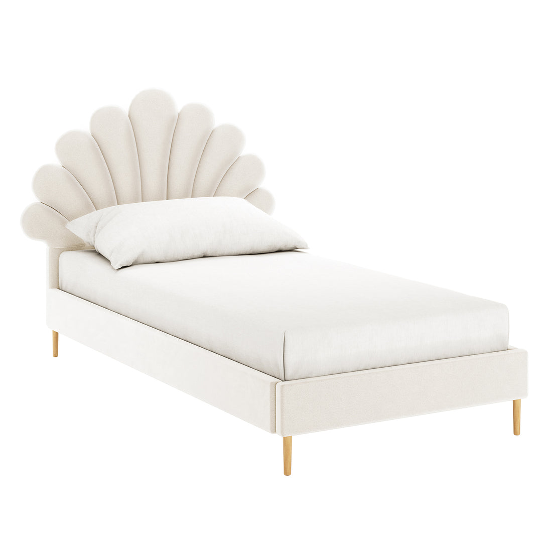 Fayette Kids Single Velvet Fabric Bed Frame in Cream White features a scalloped, seashell-shaped headboard and wooden legs, offering a whimsical and cozy design perfect for a child's dream bedroom.